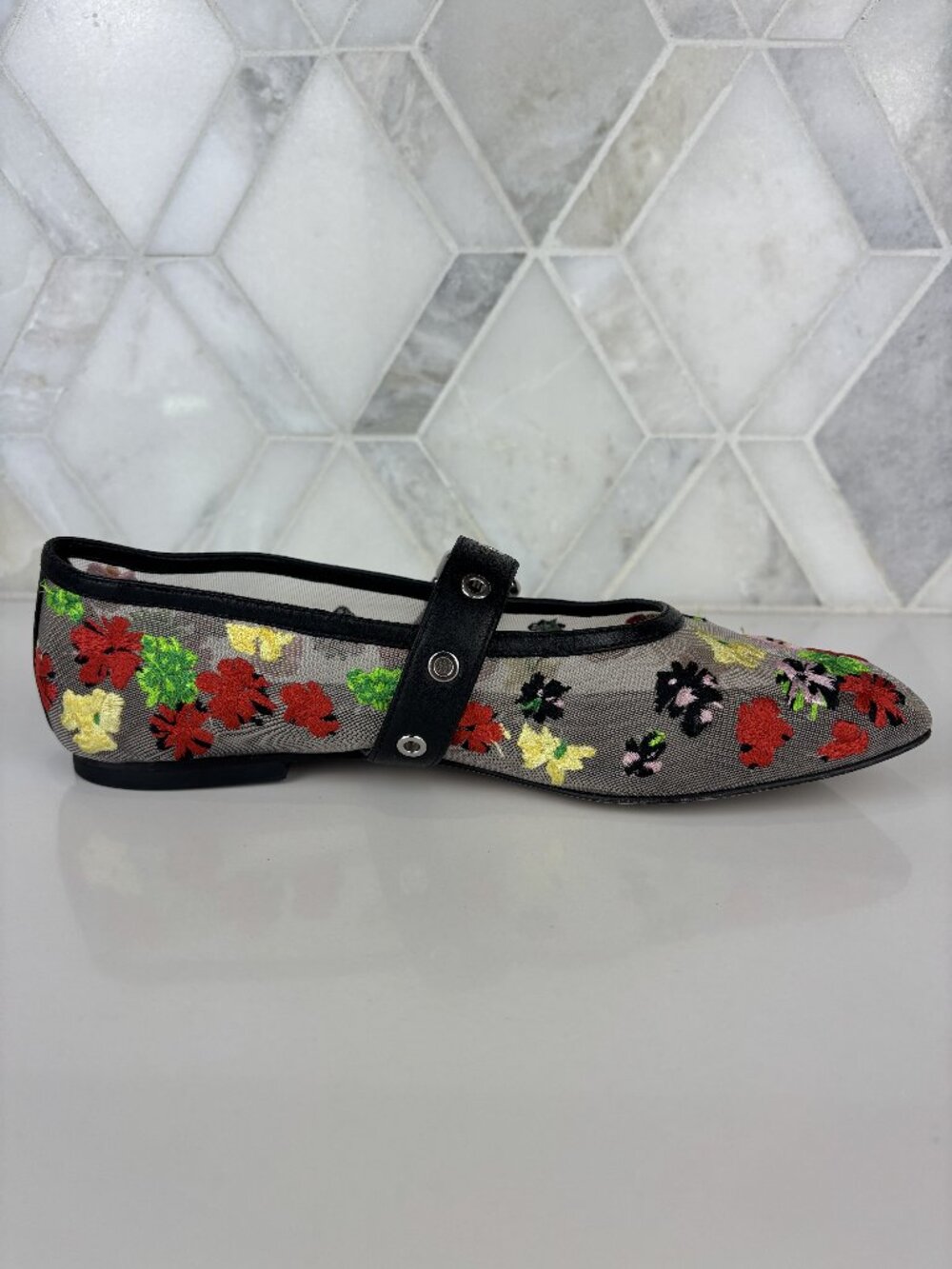 36 Phillip Lim ID Flowerworks Mesh Flat Embroidered Floral Square Toe Leather - Picture 5 of 13